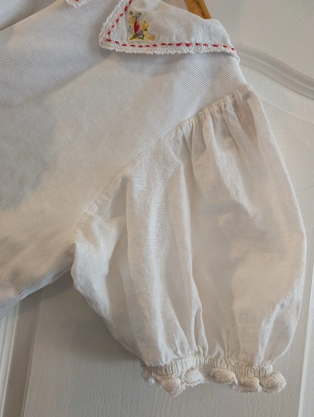 Anthropologie Short Puff Sleeve Collared Floral Embroidered Top White Size XLP